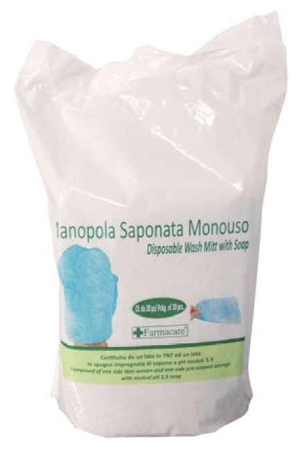 MANOPOLA MONOUSO PER LAVAGGI PARZIALI COMPOSTA DA UNA SPUGNA IN POLIESTERE SAPONATA E DA UN DRAPPO IN TESSUTO NON TESSUTO SENZA RISCIACQUO DETERGENTE A PH ISOCUTANEO - Farmacia Sant Anna SAS del Dott. Mariani Federigo