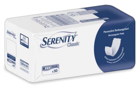 PANNOLONE PER INCONTINENZA RETTANGOLARE SENZA BARRIERA IMPERMEABILE SERENITY CLASSIC 30 PEZZI - Farmacia Sant Anna SAS del Dott. Mariani Federigo