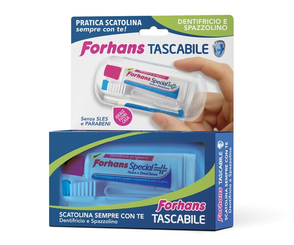 FORHANS TRAVEL KIT TASCABILE COMPOSTO DA SPAZZOLINO DA VIAGGIO + FORHANS SPECIAL PASTA DENTIFRICIA TUBETTO 12,5 ML - Farmacia Sant Anna SAS del Dott. Mariani Federigo