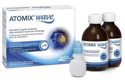 ATOMIX WAVE DISPOSITIVO PER IGIENE RINOFARINGEA ATOMIX SOLUZIONE SALINA 250 ML 2 PEZZI + TERMINALE NASALE + EROGATORE A SOFFIETTO - Farmacia Sant Anna SAS del Dott. Mariani Federigo