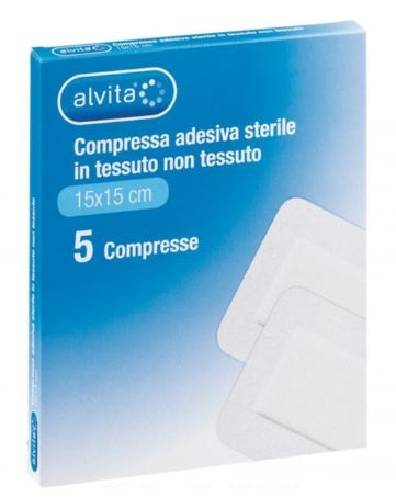 ALVITA GARZA COMPRESSA ADESIVA STERILE IN TESSUTO NON TESSUTO ESTENSIBILE BIANCO 15X15CM 5 PEZZI - Farmacia Sant Anna SAS del Dott. Mariani Federigo