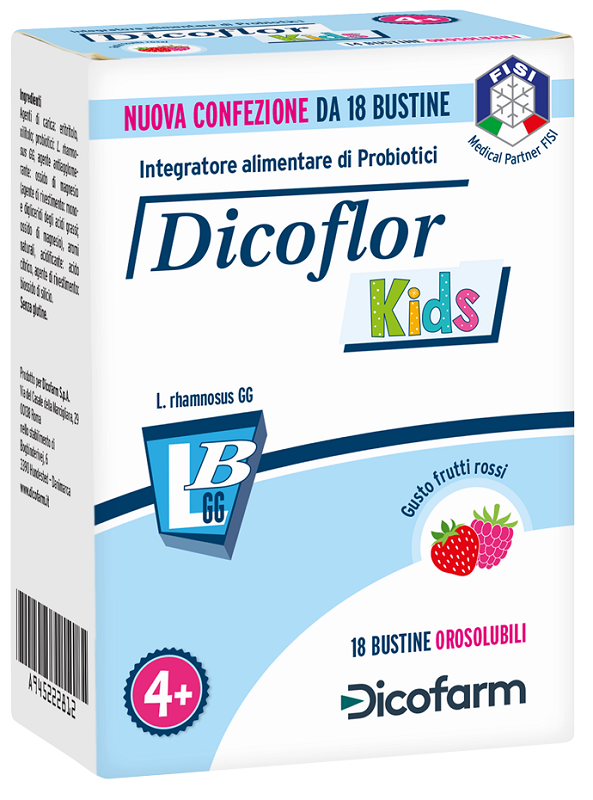 DICOFLOR KIDS 18 BUSTINE OROSOLUBILI GUSTO FRUTTI ROSSI - Farmacia Sant Anna SAS del Dott. Mariani Federigo