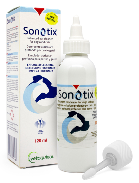 SONOTIX DETERGENTE AURICOLARE PROFONDO CANI E GATTI 120 ML + CANNULA CORTA RIGIDA + CANNULA LUNGA FLESSIBILE - Farmacia Sant Anna SAS del Dott. Mariani Federigo