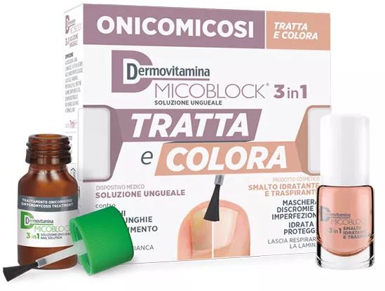 DERMOVITAMINA MICOBLOCK 3 IN 1 TRATTA E COLORA SOLUZIONE UNGUEALE 7 ML + SMALTO IDRATANTE TRASPIRANTE 5 ML - Farmacia Sant Anna SAS del Dott. Mariani Federigo