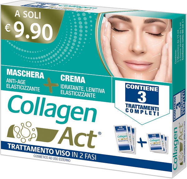 COLLAGEN ACT TRATTAMENTO VISO 2 FASI MASCHERA ANTI AGE ELASTICIZZANTE 3 PEZZI DA 15 ML + CREMA IDRATANTE LENITIVA ELASTICIZZANTE 3 PEZZI DA 5 ML - Farmacia Sant Anna SAS del Dott. Mariani Federigo