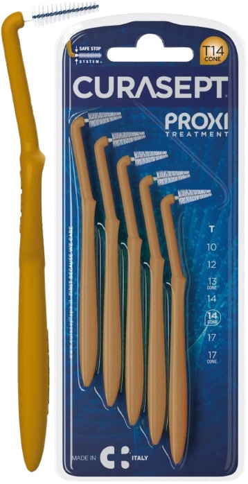 SCOVOLINO CURASEPT PROXI ANGLE MISURA T14 CONICO ISO 4 COLORE OCRA DIAMETRO 1,4 MM 5 PEZZI - Farmacia Sant Anna SAS del Dott. Mariani Federigo