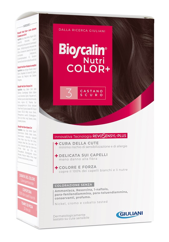 BIOSCALIN NUTRICOLOR PLUS 3 CASTANO SCURO CREMA COLORANTE 40 ML + RIVELATORE CREMA 60 ML + SHAMPOO 12 ML + TRATTAMENTO FINALE BALSAMO 12 ML - Farmacia Sant Anna SAS del Dott. Mariani Federigo