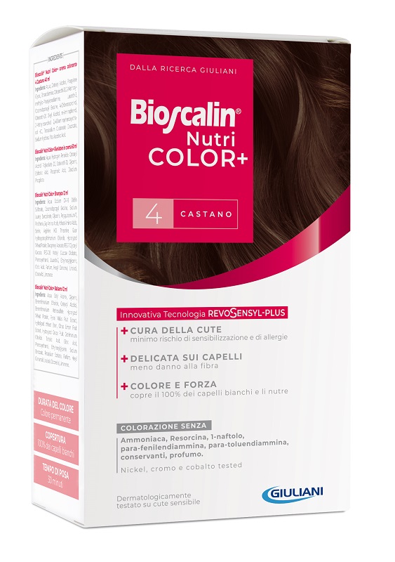 BIOSCALIN NUTRICOLOR PLUS 4 CASTANO CREMA COLORANTE 40 ML + RIVELATORE CREMA 60 ML + SHAMPOO 12 ML + TRATTAMENTO FINALE BALSAMO 12 ML - Farmacia Sant Anna SAS del Dott. Mariani Federigo