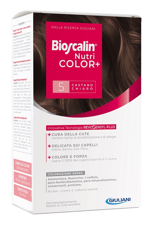 BIOSCALIN NUTRICOLOR PLUS 5 CASTANO CHIARO CREMA COLORANTE 40 ML + RIVELATORE CREMA 60 ML + SHAMPOO 12 ML + TRATTAMENTO FINALE BALSAMO 12 ML - Farmacia Sant Anna SAS del Dott. Mariani Federigo