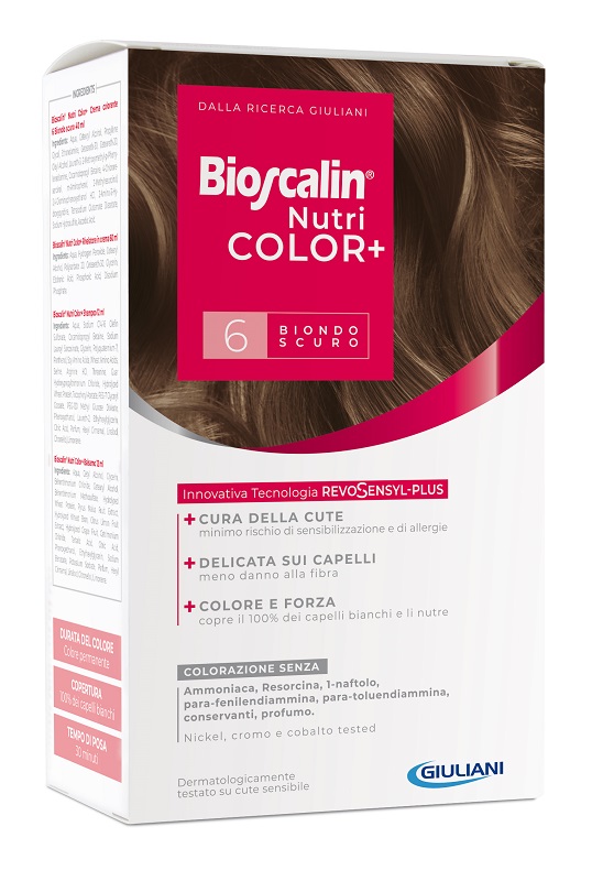 BIOSCALIN NUTRICOLOR PLUS 6 BIONDO SCURO CREMA COLORANTE 40 ML + RIVELATORE CREMA 60 ML + SHAMPOO 12 ML + TRATTAMENTO FINALE BALSAMO 12 ML - Farmacia Sant Anna SAS del Dott. Mariani Federigo