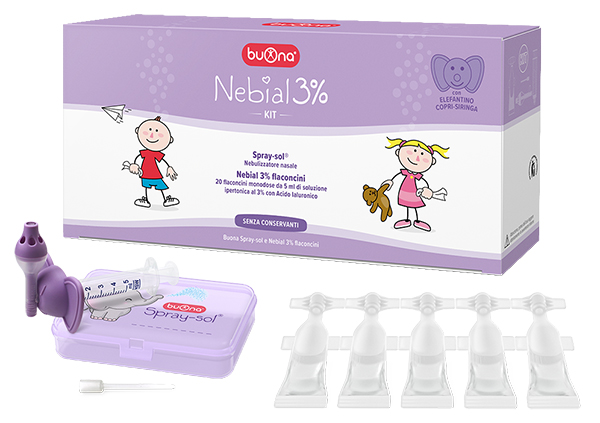 NEBIAL 3% KIT 20 FLACONCINI MONODOSE 5ML SOLUZIONE IPERTONICA CON ACIDO IALURONICO + NEBULIZZATORE SPRAY-SOL - Farmacia Sant Anna SAS del Dott. Mariani Federigo