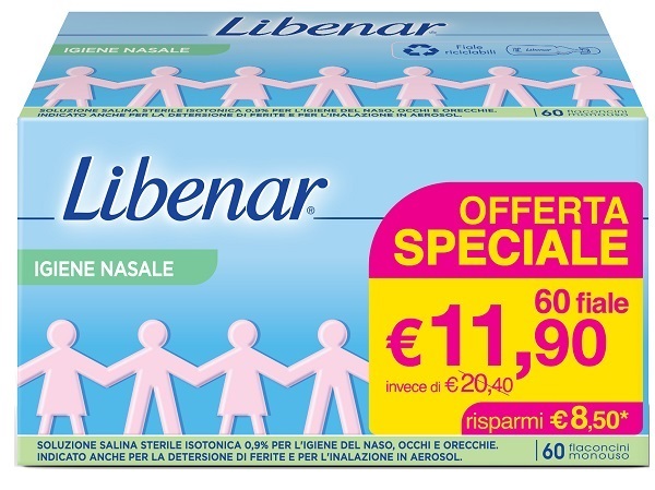 SOLUZIONE SALINA ISOTONICA 0,9% LIBENAR PER IGIENE NASALE 60 FLACONCINI MONOUSO X 5 ML - Farmacia Sant Anna SAS del Dott. Mariani Federigo